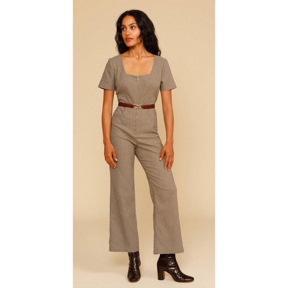 Rouje Paris Houndstooth Jumpsuit Short Sleeve Wide Leg Career Workwear - Picture 1 of 6